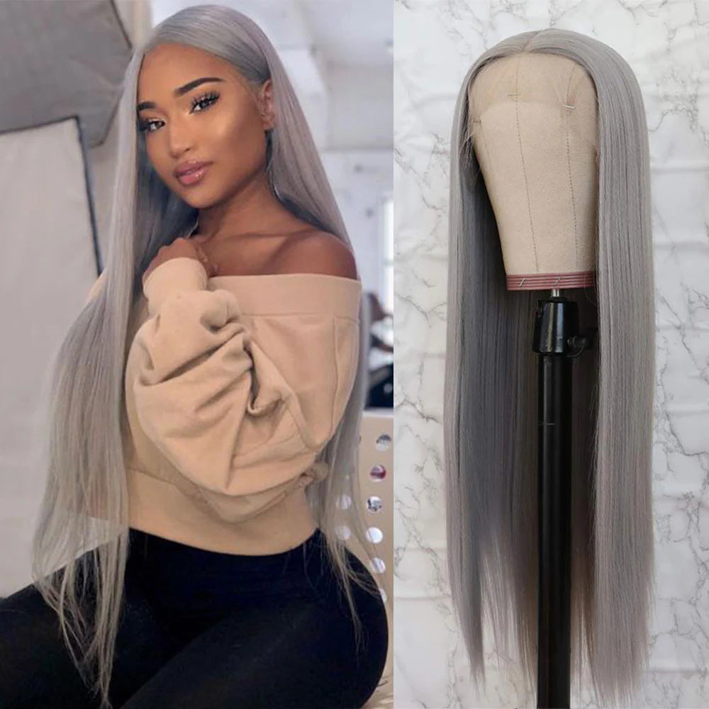 DBO Grey Color 13x4 Lace Front Straight Human Hair Wig 24