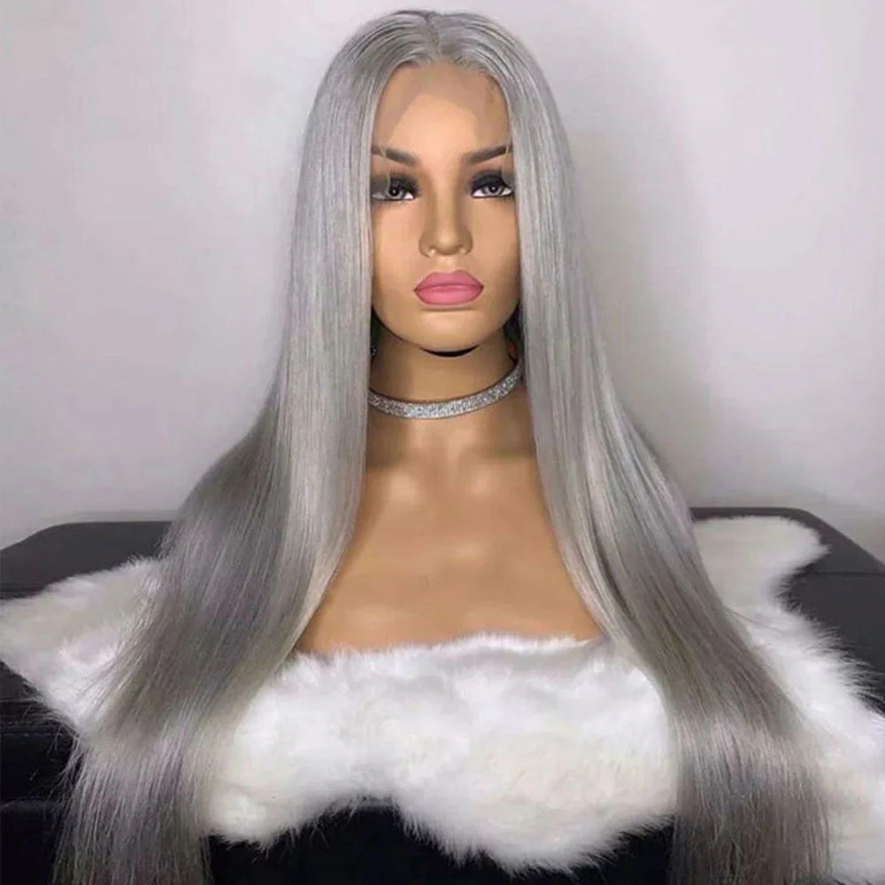 DBO Grey Color 13x4 Lace Front Straight Human Hair Wig 24