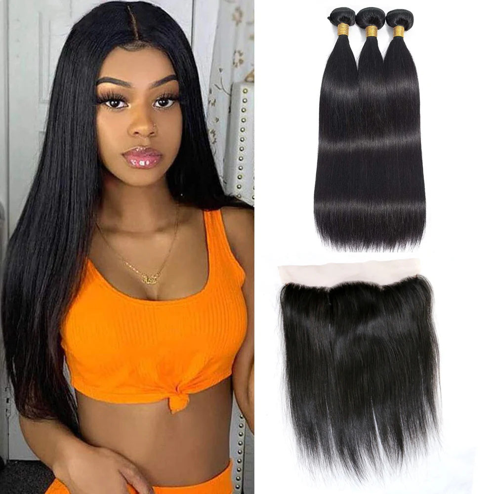 DBO Virgin Straight Hair Wig 3 Bundles with 13x4 Lace Frontal  42