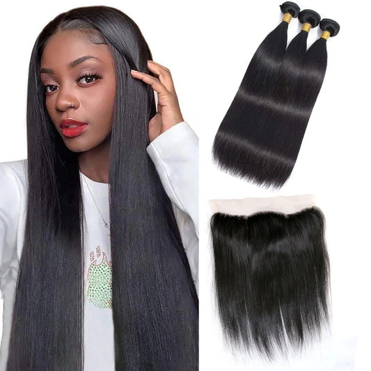 DBO Virgin Straight Hair Wig 3 Bundles with 13x4 Lace Frontal  42